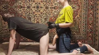 Mistress Pegging Her Man Slave Doggystyle Sex And He Masturbation His Dick