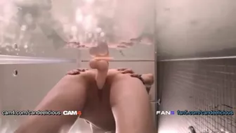 Pretty Little Blonde Pussy And Takes Suction Cup Dildo Standing Doggy Style In Wet Shower