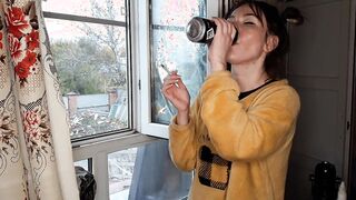 Stepsister Smokes A Cigarette And Drinks Alcohol