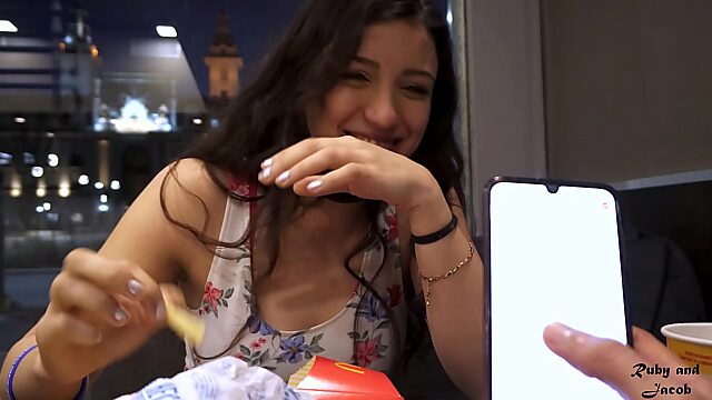 Fucking In Public: Hot Latina Ruby And Jacob Enjoy Mcdonald's Ice Cream With Warm Milk