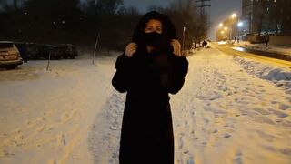 Risky Night Walk On The Snowy Street (People Nearby)