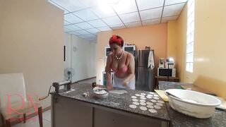 Nudist Housekeeper Regina Noir Cooking At The Kitchen. Naked Maid Makes Dumplings. Naked Cooks. Bra