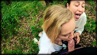 Two Girlfriends Suck Cock In The Woods - Threesome Outdoor Blowjob - Public Pov