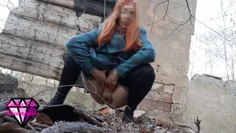 Desperate Redhead Peeing In The Forest Ruins