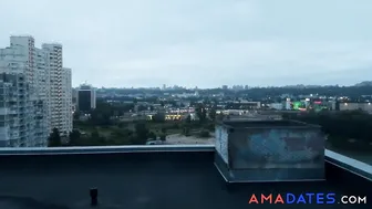 Girl With Butt Plug Fucks On The Roof And Gives A Blowjob