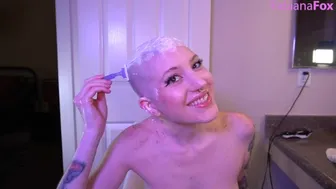 Tattooed Bald Slut Razor Shaves Head And Cums