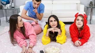 Natalia Nix, Dakota Burns, Dani Damzel - Stepbrother Crashes Slumber Party (Teen, Blowjob, Brunette, Natural Tits, All Sex)