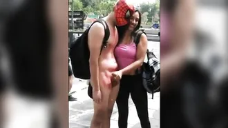 Kinky And Costumed Guy Enjoy A Hand Job In A Public By Crazy Girl