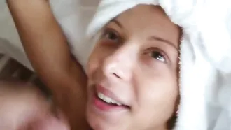 She Gets A Nice Amount Of Cum All Over Her Face After A Hand Job