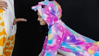 Cute Teen Is Wearing A Unicorn Costume While Deepthroating A Man Dressed As A Giraffe