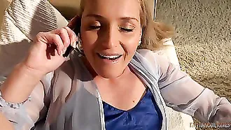 Business Woman Talks On The Phone While Her Husband Pokes Her Cunt