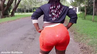 Fat Ebony With Red Hair And Dreads Is Working Outside And Her Huge Ass Is Shaking