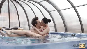 Old4K. Brunette Practices Bonking With Older Man In All Poses By Pool