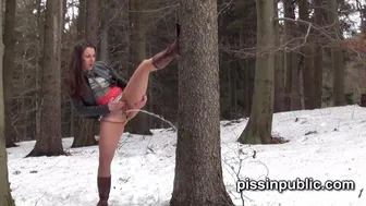 Girls In Need Skate Around In The Snow To Find A Proper Place To Have A Pee