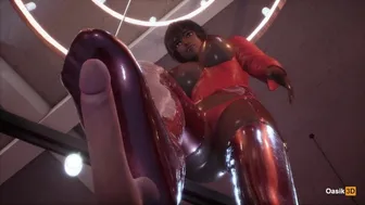 Woman In Red Latex With Short Hair Gives A Footjob To Cock 3D