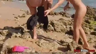 Horny Girl And Guy Undress On A Public Beach And Masturbate Risky