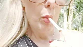 Smoking In The Outdoor Park - Nose Exhales - Coughing